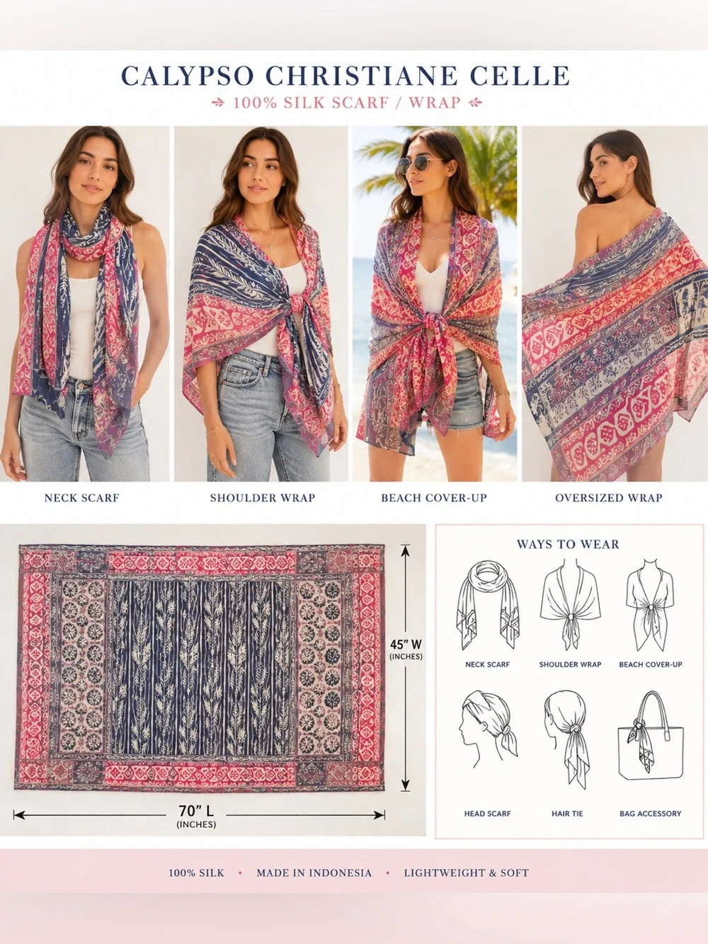 Calypso Christiane Celle 100% Silk Boho Scarf Wrap Shawl Blue Pink 70